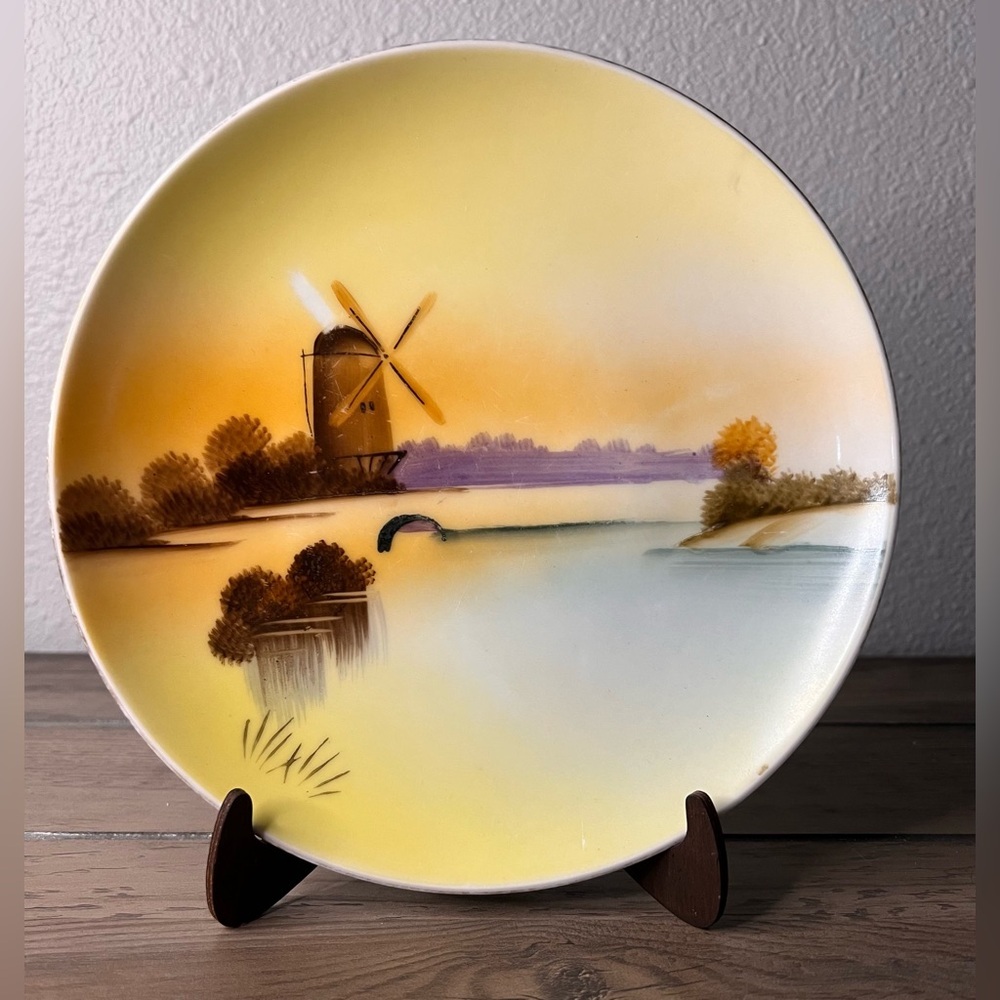 Vintage "Meito" 7.5" China Plate Hand Painted Windmill Bridge River Scene Japan